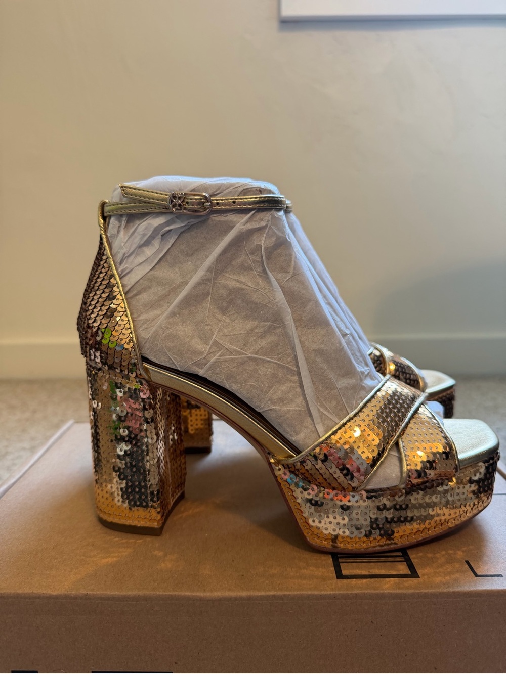 Sam Edelman Gold Sequin Platform Block Heel Sandals - Picture 6 of 9
